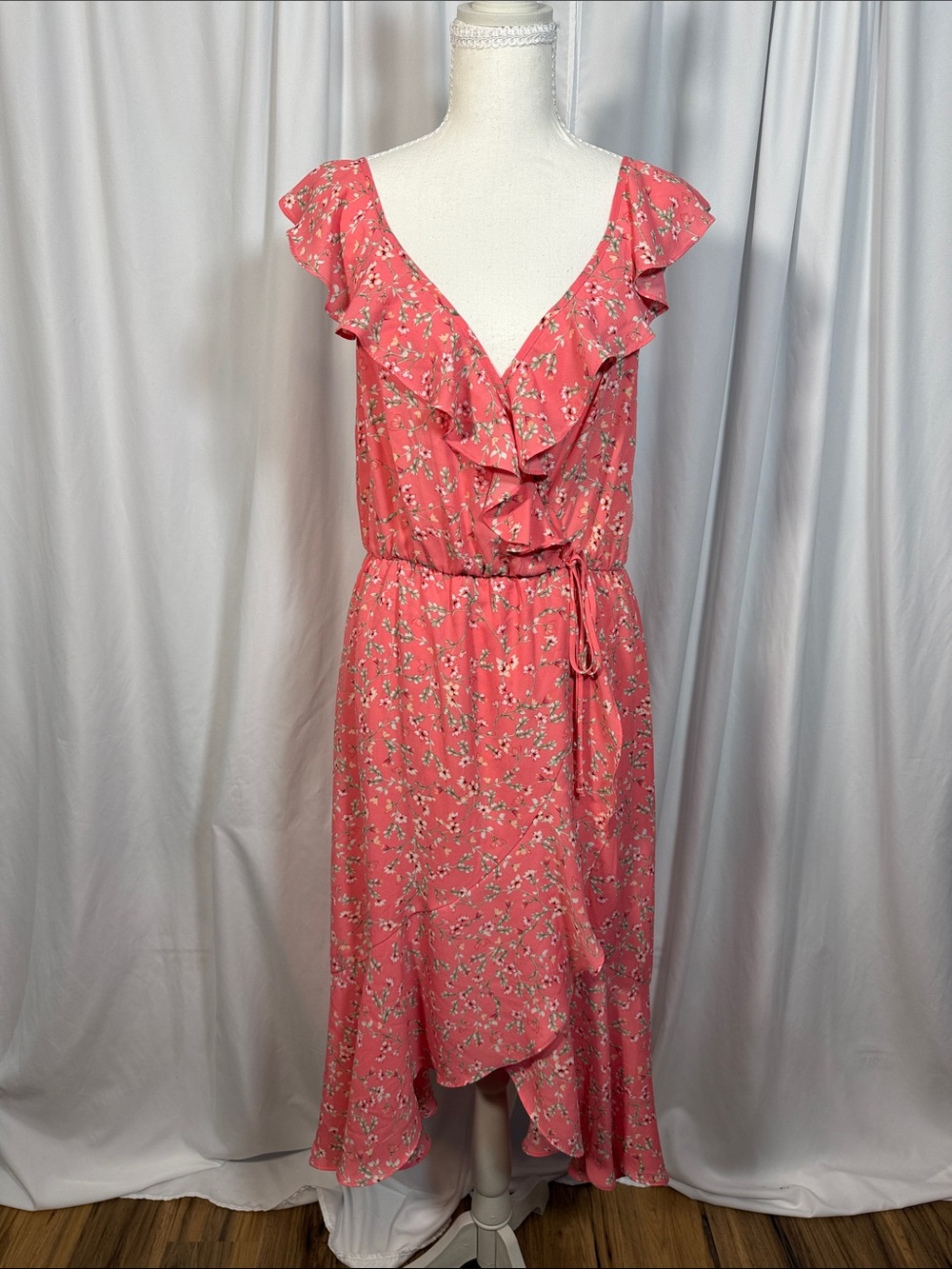 Socialite Coral Floral Ruffle Midi Dress
